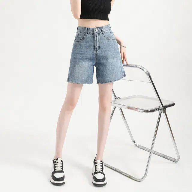 法文箱子 夏季时尚百搭纯色宽松高腰五分裤牛仔短裤 女款