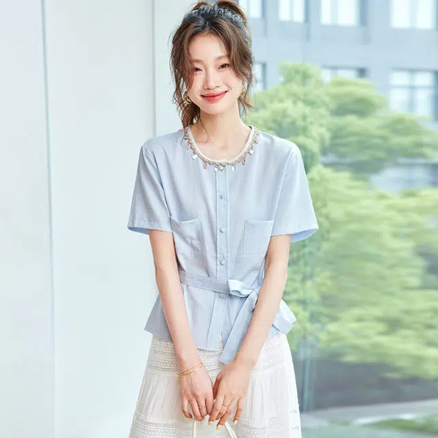 笔杏 夏季文艺风韩系高级感日常通勤短袖圆领上衣短袖衬衫 女款