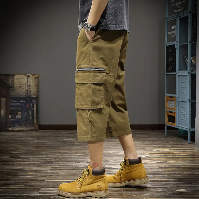 遨宇 日系都市时尚潮牌复古经典侘寂风七分工装宽松大码百搭直筒七分裤休闲短裤 男款