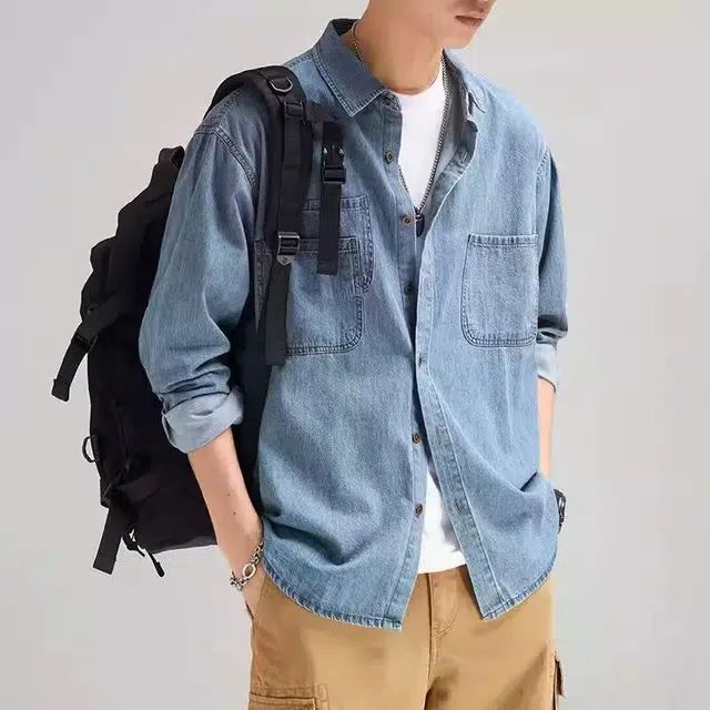 隐狼世家 复古牛仔衬衫男长袖春秋夏薄款休闲百搭上衣男士多口袋工装衬衣外套衬衫 男款