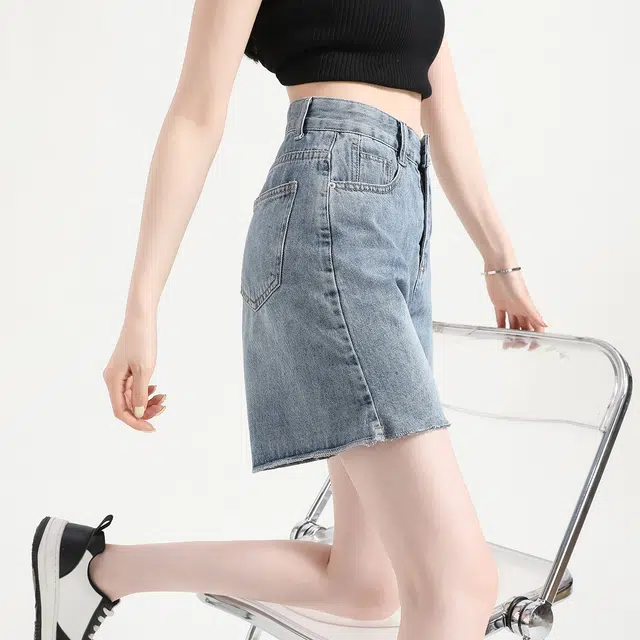 法文箱子 夏季时尚百搭纯色宽松高腰五分裤牛仔短裤 女款