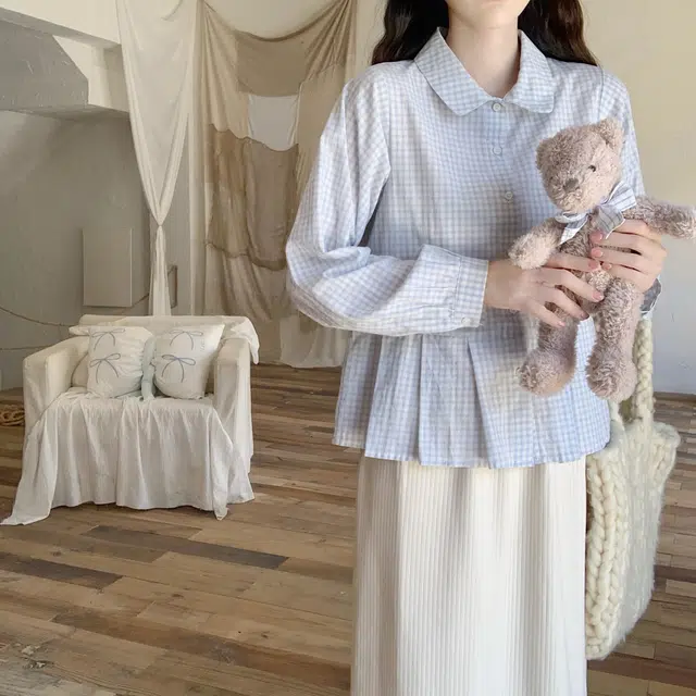 米囹休闲衬衫 韩系娃娃领宽松别致长袖格子常规甜美风 儿童款