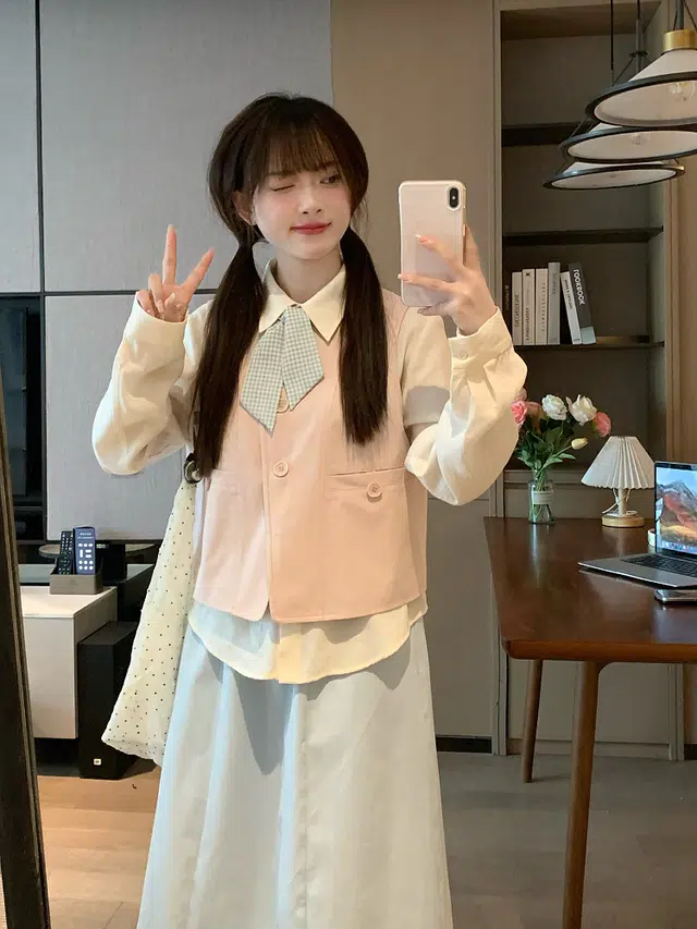 轻迎 法式甜美优雅气质衬衫百搭马甲温柔半身裙显瘦裙装套装 女款