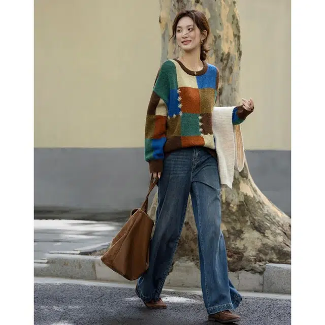 【dme】 慵懒撞色圆领格纹提花舒适时尚拼接休闲百搭长袖针织衫 女款