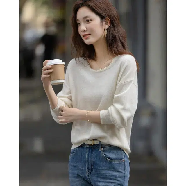 【dme】 手工钉珠圆领简约时尚百搭优雅气质长袖针织衫 女款