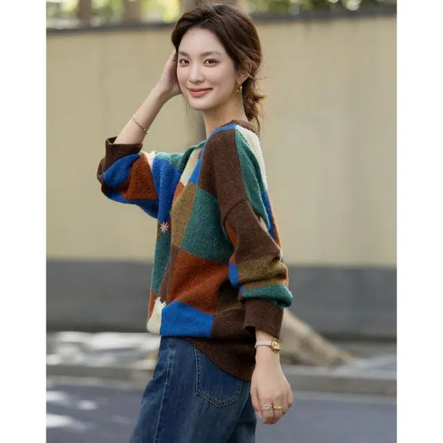 【dme】 慵懒撞色圆领格纹提花舒适时尚拼接休闲百搭长袖针织衫 女款