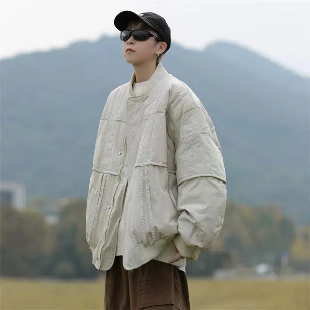 邦固依品 冬季纯色拼接棒球男生日系街头宽松百搭加厚保暖工装棉衣外套棉服 男款