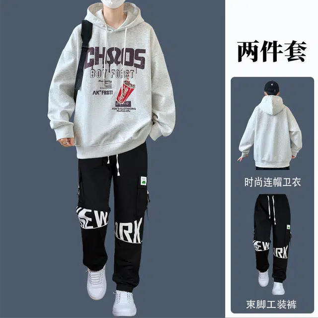 邦固依品 青少年连帽卫衣男装春秋季潮流牌宽松高初中学生帅气休闲运动套装 男款