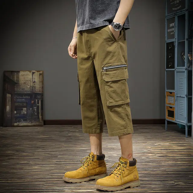 遨宇 日系都市时尚潮牌复古经典侘寂风七分工装宽松大码百搭直筒七分裤休闲短裤 男款