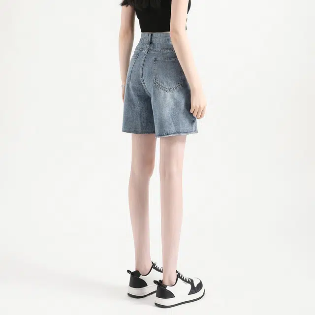 法文箱子 夏季时尚百搭纯色宽松高腰五分裤牛仔短裤 女款
