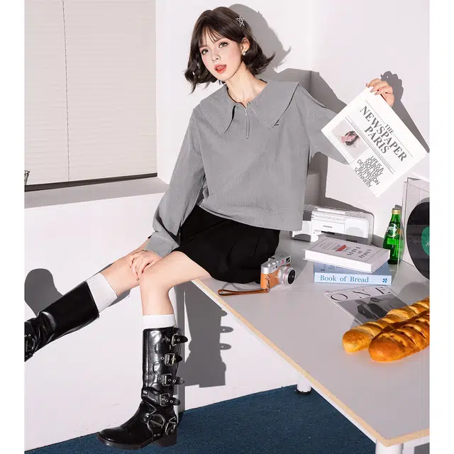 法文箱子 针织甜美风休闲纯色落肩袖长袖娃娃领宽松卫衣 女款