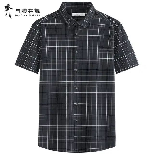 与狼共舞 翻领短袖夏季条纹修身衬衫 男款
