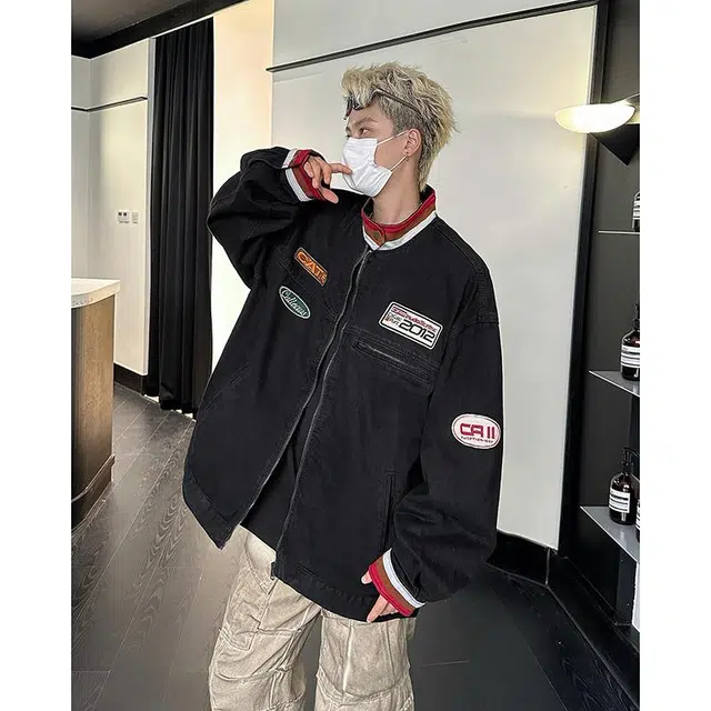 地界二 潮牌美式复古立领水洗做旧男秋季帅气赛车服夹克上衣立领水洗做旧常规宽松牛仔外套 男款