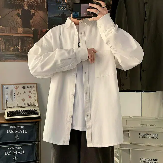 地界二 港风帅气休闲纯色百搭宽松长袖衬衫 男款