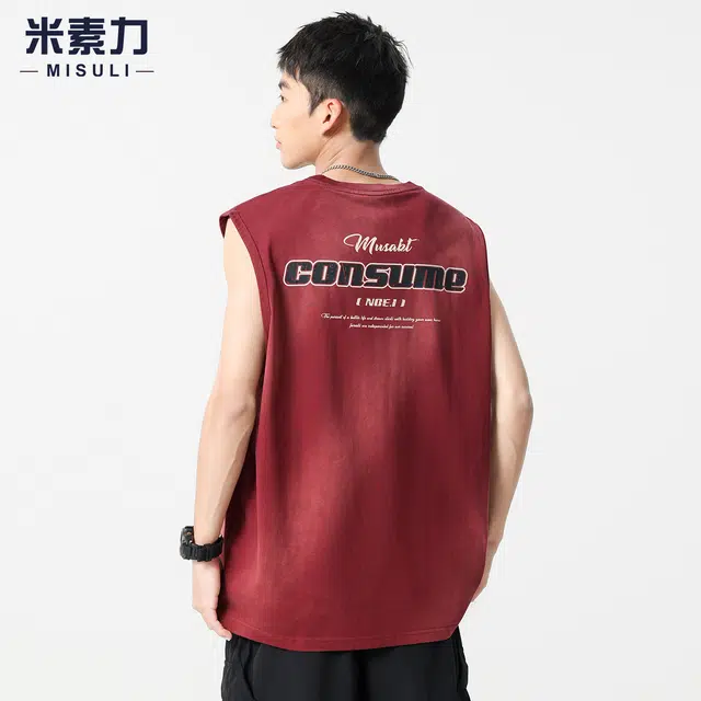 米素力 健身运动坎肩英文圆领背心 男款