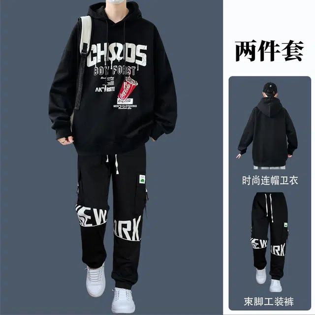 邦固依品 青少年连帽卫衣男装春秋季潮流牌宽松高初中学生帅气休闲运动套装 男款