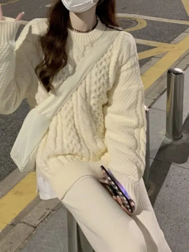 邦固依品 复古日系慵懒风女宽松外穿加厚保暖麻花打底衫女秋冬上衣针织衫 女款