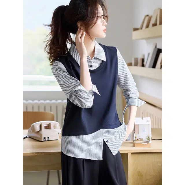 沫晗依美 保暖针织百搭条纹常规长袖翻领休闲中腰衬衫 女款