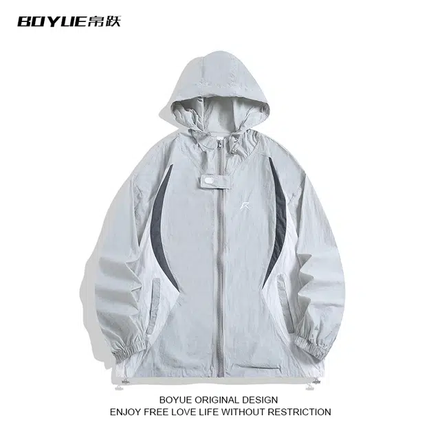 地界二 拼接刺绣连帽衣运动潮牌时尚宽松山系薄款工装夹克衬衫 男款