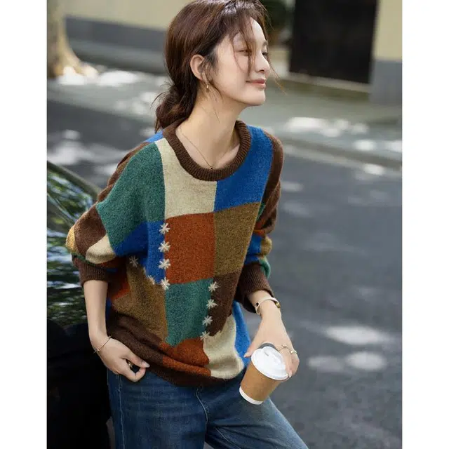 【dme】 慵懒撞色圆领格纹提花舒适时尚拼接休闲百搭长袖针织衫 女款