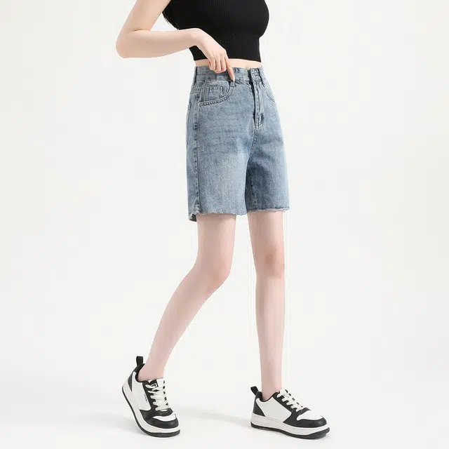 法文箱子 夏季时尚百搭纯色宽松高腰五分裤牛仔短裤 女款