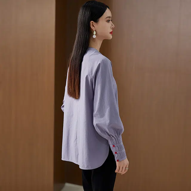 杭依阁 拼接宽松时尚纯色灯笼袖长袖圆领衬衫 女款