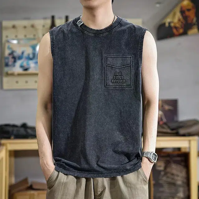 遨宇 美式极简痞帅潮牌未来中性主义做旧复古水洗重磅无袖夏季纯棉圆领运动宽松坎肩背心 男女同款