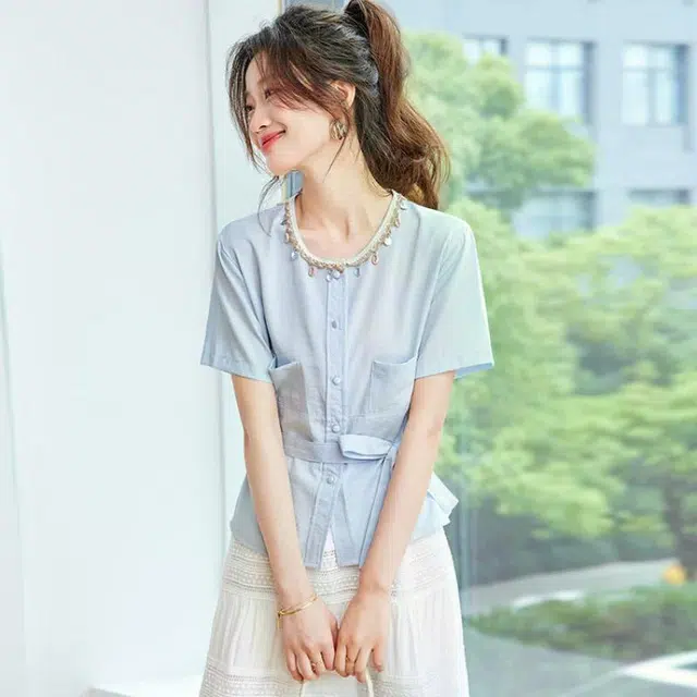 笔杏 夏季文艺风韩系高级感日常通勤短袖圆领上衣短袖衬衫 女款
