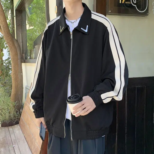 地界二 侧边织带外套男潮牌春秋季休闲拉链原宿风宽松外套男拉链原宿风宽松纯色常规标准潮夹克 男款