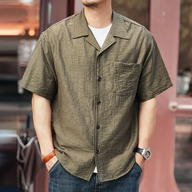 格蓝鹿 夏季 美式复古薄款透气男士短袖纽扣式设计古巴领褶皱感拼接式纯色休闲日常出行穿搭半袖衬衫 宽松 男女同款