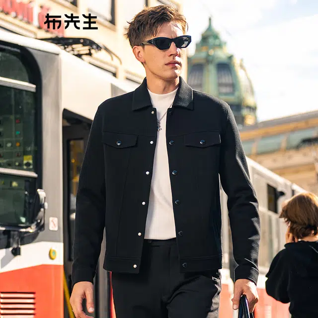 布先生 翻领针织羊毛纯色常规标准长袖夹克外套 男款
