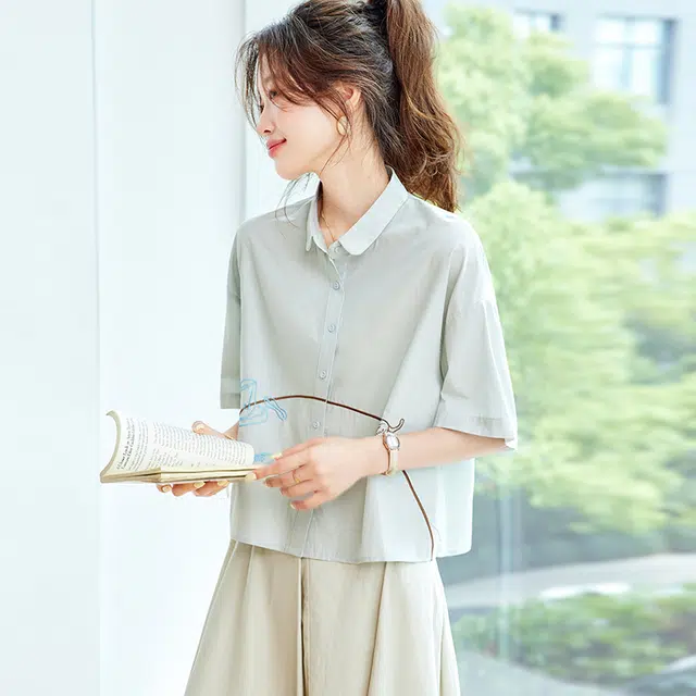 笔杏 法式宽松休闲上衣洋气短袖衬衫 女款