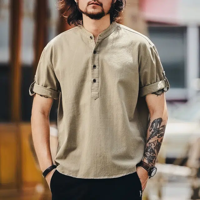 格蓝鹿 中国风时尚简约百搭纯色休闲百搭立体裁剪工艺大码半开领设计短袖衬衫 男女同款