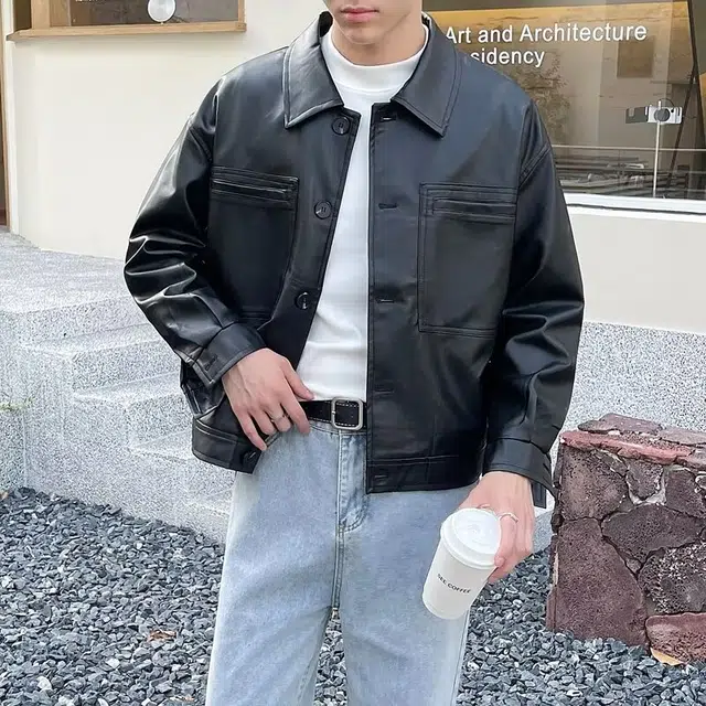 地界二 秋季男士潮流翻领休闲短款美式潮牌修身机车纯色外套男翻领休闲短款夹克 男款