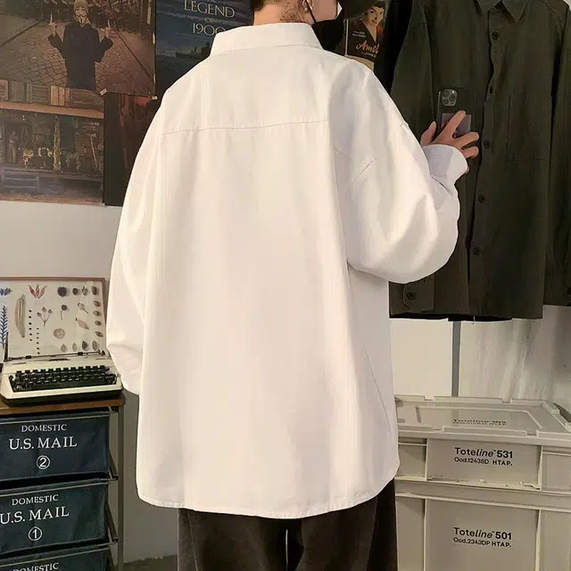 地界二 港风帅气休闲纯色百搭宽松长袖衬衫 男款