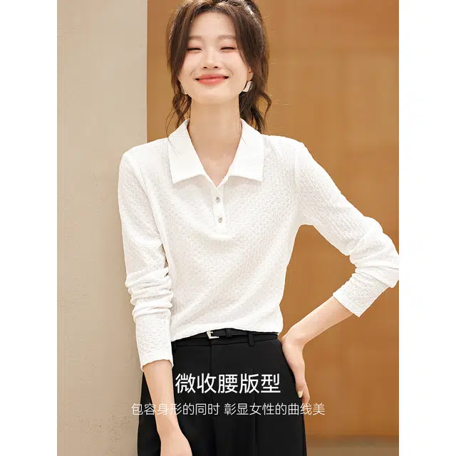 沫晗依美 简约肌理感针织纯色常规长袖翻领休闲日常便服宽松腰衬衫 女款