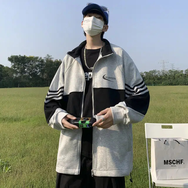 地界二 韩版潮流宽松立领港风拼色宽松夹克外套 男款