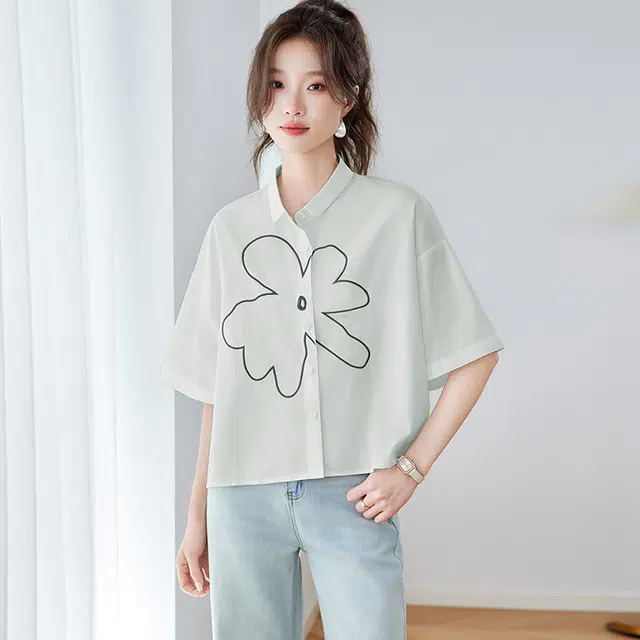 笔杏 美式线条花朵刺绣宽松翻领纯棉上衣休闲简约百搭显瘦上衣短袖衬衫 女款