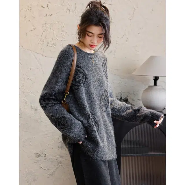 【dme】 秋季亮片玫瑰花线衫圆领长袖落肩宽松气质上衣舒适时尚柔软美式复古针织衫 女款