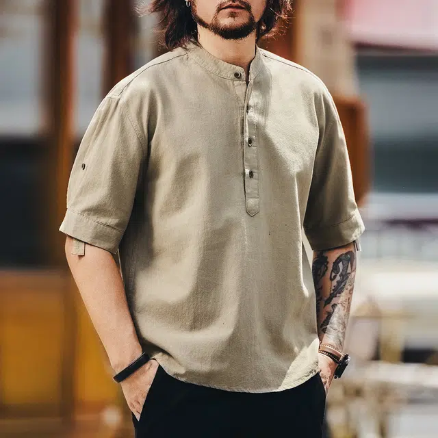 格蓝鹿 中国风时尚简约百搭纯色休闲百搭立体裁剪工艺大码半开领设计短袖衬衫 男女同款