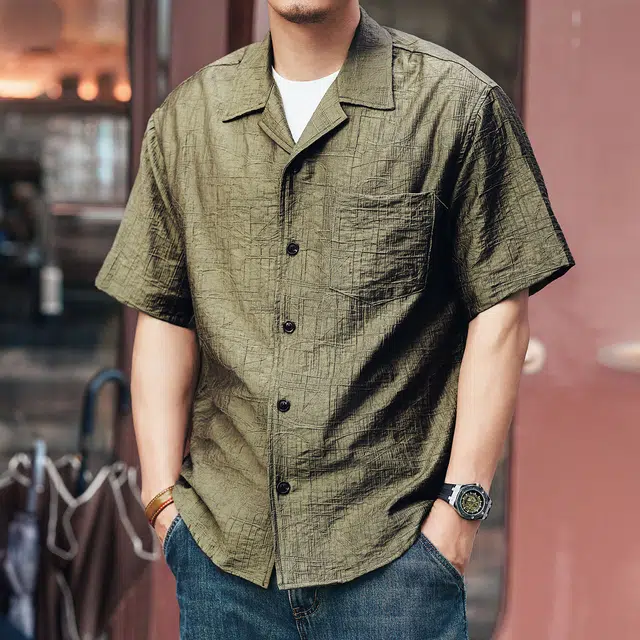 格蓝鹿 夏季 美式复古薄款透气男士短袖纽扣式设计古巴领褶皱感拼接式纯色休闲日常出行穿搭半袖衬衫 宽松 男女同款