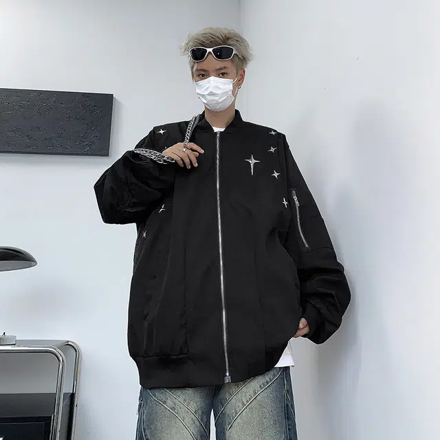 地界二 美式复古街头飞行员棒球服男潮牌宽松小众百搭休闲工装外套复古街头飞行员纯色收口夹克 男款