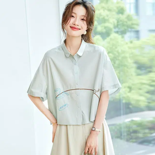 笔杏 法式宽松休闲上衣洋气短袖衬衫 女款