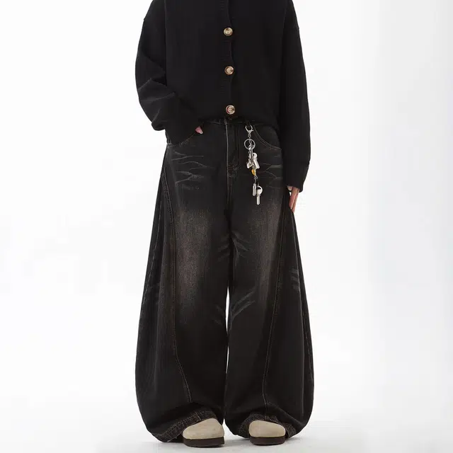 邦固依品 美式复古猫须水洗弯刀男女宽松阔腿垂感做旧拖地长裤子牛仔裤 男款