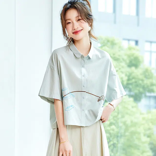 笔杏 法式宽松休闲上衣洋气短袖衬衫 女款