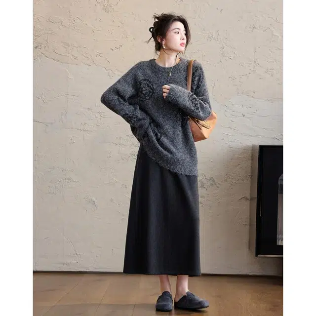 【dme】 秋季亮片玫瑰花线衫圆领长袖落肩宽松气质上衣舒适时尚柔软美式复古针织衫 女款