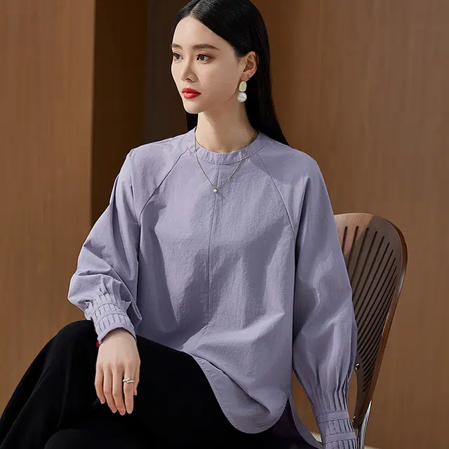 杭依阁 拼接宽松时尚纯色灯笼袖长袖圆领衬衫 女款