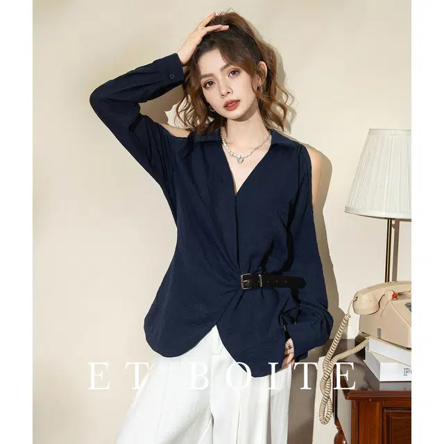 法文箱子 设计感露肩轻奢风收腰显瘦时尚百搭长袖衬衫 女款