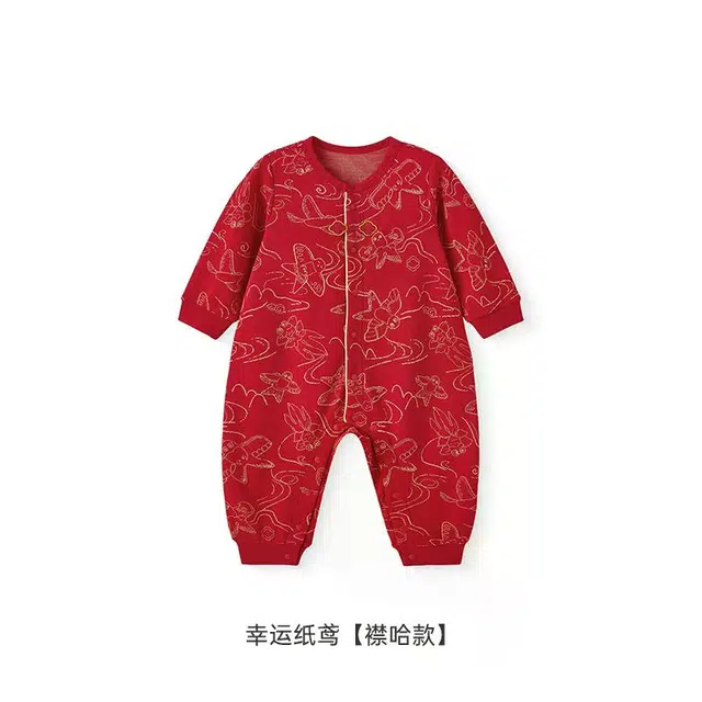 英氏爬服 红色满月宝宝长袖可爱连身衣 婴幼童