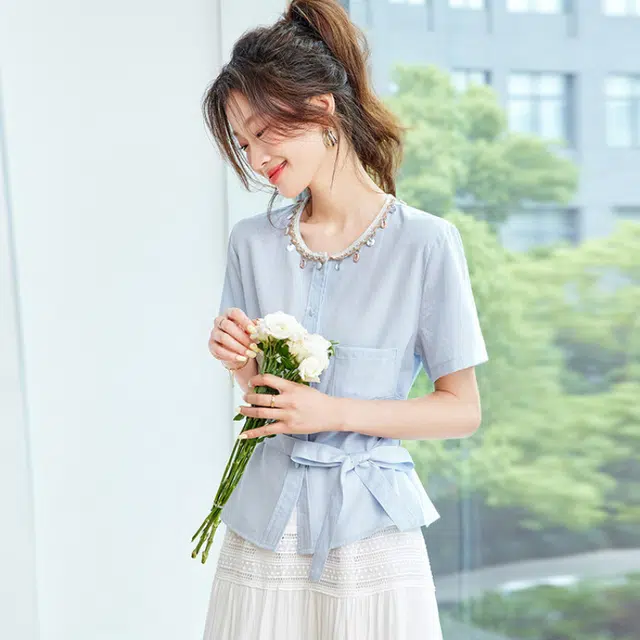 笔杏 夏季文艺风韩系高级感日常通勤短袖圆领上衣短袖衬衫 女款